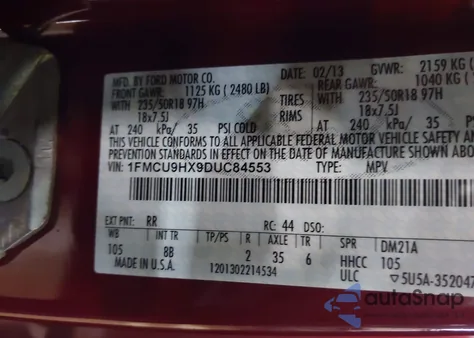 2013 Ford Escape Sel из США, поврежденный, VIN 1FMCU9HX9DUC84553